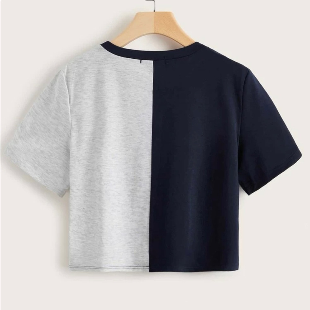 navy blue and grey color-block cropped boxy tee